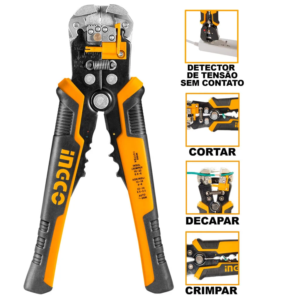 Alicate automatico multifuncao 8 1/4" cortar decapar crimpar e detector de tensao